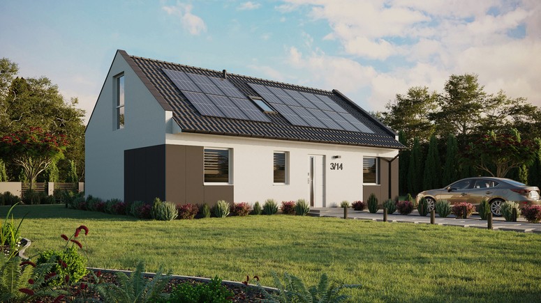 Projekt ERDOL 3 - Wersja prawa (salon po prawej stronie) - Dwuspadowy nowoczesny z poddaszem użytkowym – kąt nachylenia 35 stopni - Dwa okna dachowe pokojowe i okno dachowe łazienkowe - Okna na poddaszu do podłogi - Styropian, siatka i klej - Biały - Instalacja fotowoltaiczna 6,4 kWp (16 paneli)