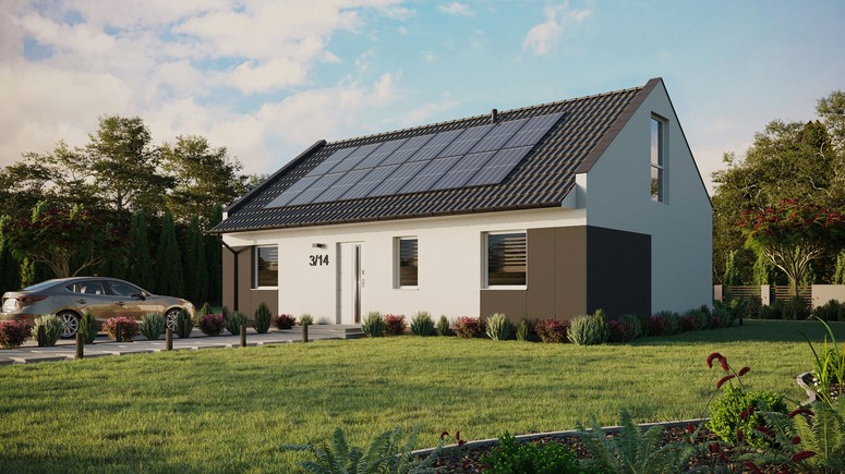 Projekt ERDOL 3 - Wersja lewa (salon po lewej stronie) - Dwuspadowy nowoczesny z poddaszem użytkowym – kąt nachylenia 35 stopni - Bez okien/świetlików dachowych - Okno balkonowe w jadalni i okna na poddaszu do podłogi - Styropian, siatka i klej - Biały - Instalacja fotowoltaiczna 6,4 kWp (16 paneli)