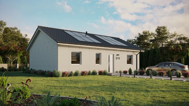 Projekt ERDOL 3 - Wersja prawa (salon po prawej stronie) - Dwuspadowy bez poddasza użytkowego – kąt nachylenia 25 stopni - Bez okien/świetlików dachowych - Okna standardowe - Bez styropianu, siatki i kleju - Biały - Instalacja fotowoltaiczna 4,8 kWp (12 paneli)