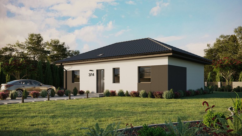 Projekt ERDOL 3 - Wersja lewa (salon po lewej stronie) - Czterospadowy bez poddasza użytkowego – kąt nachylenia 25 stopni - Świetlik dachowy - Okna standardowe - Styropian, siatka i klej - Antracyt