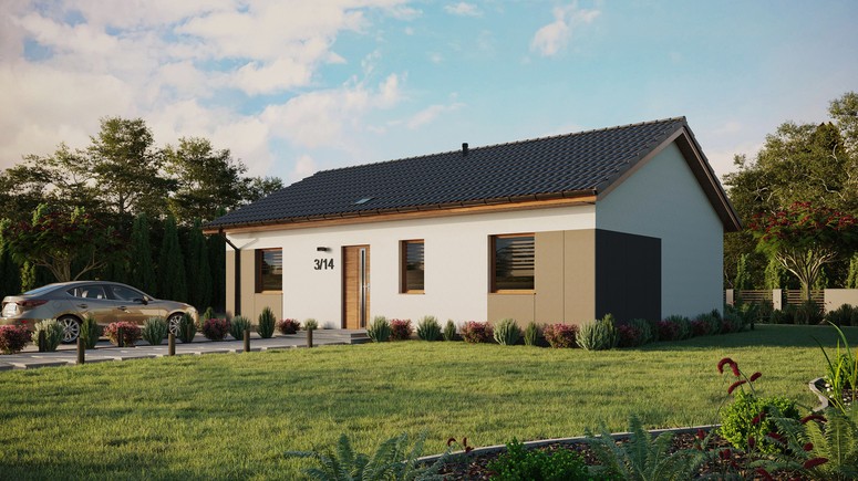 Projekt ERDOL 3 - Wersja lewa (salon po lewej stronie) - Dwuspadowy bez poddasza użytkowego – kąt nachylenia 25 stopni - Świetlik dachowy - Okna standardowe - Styropian, siatka i klej - Złoty dąb - Bez instalacji fotowoltaicznej