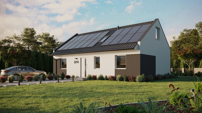 Projekt ERDOL 3 - Wersja lewa (salon po lewej stronie) - Dwuspadowy nowoczesny z poddaszem użytkowym – kąt nachylenia 35 stopni - Dwa okna dachowe pokojowe i okno dachowe łazienkowe - Okna standardowe - Styropian, siatka i klej - Biały - Instalacja fotowoltaiczna 8,0 kWp (20 paneli)