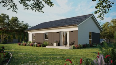 Projekt ERDOL 3 - Wersja lewa (salon po lewej stronie) - Dwuspadowy bez poddasza użytkowego – kąt nachylenia 25 stopni - Bez okien/świetlików dachowych - Okno balkonowe w jadalni - Styropian, siatka i klej - Biały - Bez instalacji fotowoltaicznej