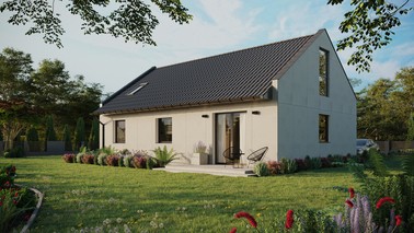 Projekt ERDOL 3 - Wersja lewa (salon po lewej stronie) - Dwuspadowy nowoczesny z poddaszem użytkowym – kąt nachylenia 35 stopni - Okno dachowe pokojowe i łazienkowe - Okna na poddaszu do podłogi - Bez styropianu, siatki i kleju - Antracyt - Bez instalacji fotowoltaicznej