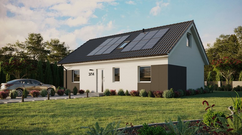 Projekt ERDOL 3 - Wersja lewa (salon po lewej stronie) - Dwuspadowy z poddaszem użytkowym – kąt nachylenia 35 stopni - Okno dachowe pokojowe i łazienkowe - Okna standardowe - Styropian, siatka i klej - Biały - Instalacja fotowoltaiczna 4,8 kWp (12 paneli)