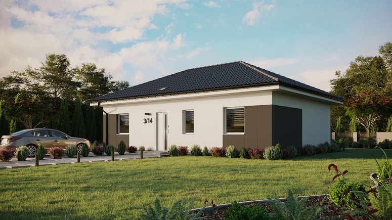 Projekt ERDOL 3 - Wersja lewa (salon po lewej stronie) - Czterospadowy bez poddasza użytkowego – kąt nachylenia 25 stopni - Świetlik dachowy - Okna standardowe - Styropian, siatka i klej - Biały