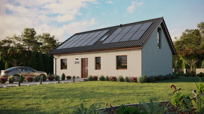 Projekt ERDOL 3 - Wersja lewa (salon po lewej stronie) - Dwuspadowy z poddaszem użytkowym – kąt nachylenia 35 stopni - Okno dachowe pokojowe i łazienkowe - Okno balkonowe w jadalni i okna na poddaszu do podłogi - Bez styropianu, siatki i kleju - Orzech - Instalacja fotowoltaiczna 8,0 kWp (20 paneli)