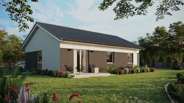 Projekt ERDOL 3 - Wersja prawa (salon po prawej stronie) - Dwuspadowy bez poddasza użytkowego – kąt nachylenia 25 stopni - Bez okien/świetlików dachowych - Okno balkonowe w jadalni - Styropian, siatka i klej - Biały - Bez instalacji fotowoltaicznej