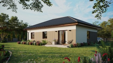 Projekt ERDOL 3 - Wersja lewa (salon po lewej stronie) - Czterospadowy bez poddasza użytkowego – kąt nachylenia 25 stopni - Bez okien/świetlików dachowych - Okna standardowe - Styropian, siatka i klej - Orzech