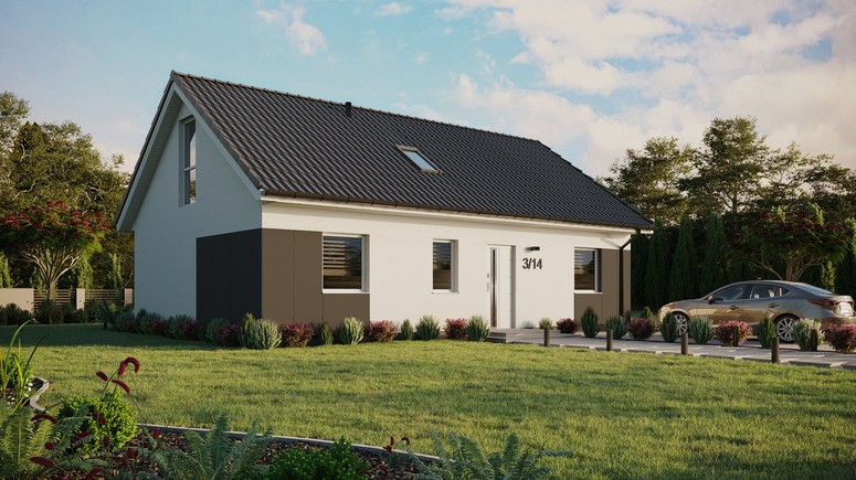 Projekt ERDOL 3 - Wersja prawa (salon po prawej stronie) - Dwuspadowy z poddaszem użytkowym – kąt nachylenia 35 stopni - Okno dachowe pokojowe i łazienkowe - Okno balkonowe w jadalni i okna na poddaszu do podłogi - Styropian, siatka i klej - Biały - Bez instalacji fotowoltaicznej