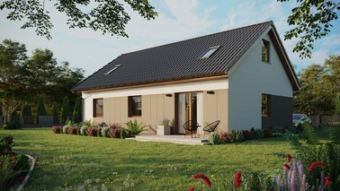 Projekt ERDOL 3 - Wersja lewa (salon po lewej stronie) - Dwuspadowy z poddaszem użytkowym – kąt nachylenia 35 stopni - Dwa okna dachowe pokojowe i okno dachowe łazienkowe - Okna standardowe - Styropian, siatka i klej - Złoty dąb - Bez instalacji fotowoltaicznej