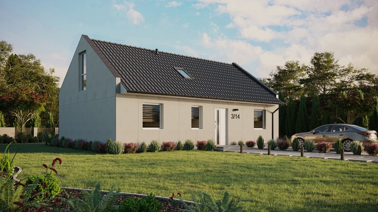 Projekt ERDOL 3 - Wersja prawa (salon po prawej stronie) - Dwuspadowy nowoczesny z poddaszem użytkowym – kąt nachylenia 35 stopni - Okno dachowe pokojowe i łazienkowe - Okno balkonowe w jadalni i okna na poddaszu do podłogi - Bez styropianu, siatki i kleju - Biały - Bez instalacji fotowoltaicznej