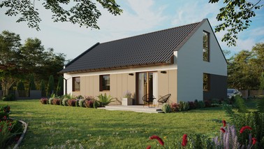 Projekt ERDOL 3 - Wersja lewa (salon po lewej stronie) - Dwuspadowy nowoczesny z poddaszem użytkowym – kąt nachylenia 35 stopni - Bez okien/świetlików dachowych - Okna na poddaszu do podłogi - Styropian, siatka i klej - Złoty dąb - Bez instalacji fotowoltaicznej