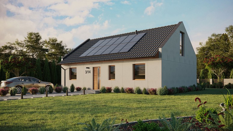 Projekt ERDOL 3 - Wersja lewa (salon po lewej stronie) - Dwuspadowy nowoczesny z poddaszem użytkowym – kąt nachylenia 35 stopni - Bez okien/świetlików dachowych - Okno balkonowe w jadalni i okna na poddaszu do podłogi - Bez styropianu, siatki i kleju - Złoty dąb - Instalacja fotowoltaiczna 4,8 kWp (12 paneli)