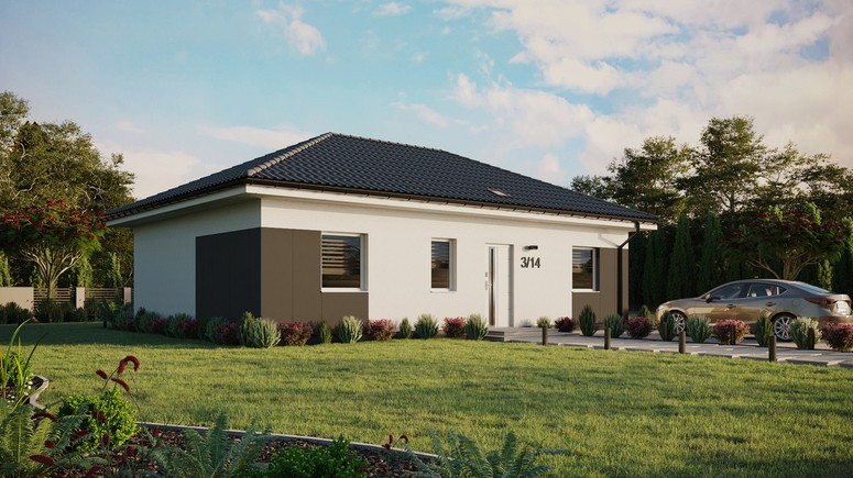 Projekt ERDOL 3 - Wersja prawa (salon po prawej stronie) - Czterospadowy bez poddasza użytkowego – kąt nachylenia 25 stopni - Świetlik dachowy - Okna standardowe - Styropian, siatka i klej - Biały