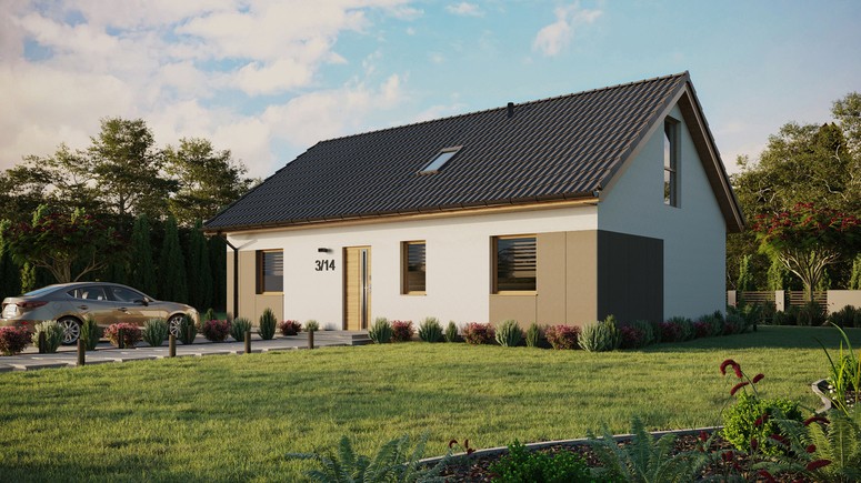 Projekt ERDOL 3 - Wersja lewa (salon po lewej stronie) - Dwuspadowy z poddaszem użytkowym – kąt nachylenia 35 stopni - Okno dachowe pokojowe i łazienkowe - Okno balkonowe w jadalni i okna na poddaszu do podłogi - Styropian, siatka i klej - Winchester - Bez instalacji fotowoltaicznej