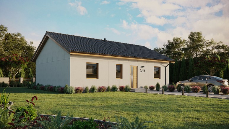 Projekt ERDOL 3 - Wersja prawa (salon po prawej stronie) - Dwuspadowy bez poddasza użytkowego – kąt nachylenia 25 stopni - Bez okien/świetlików dachowych - Okna standardowe - Bez styropianu, siatki i kleju - Winchester - Bez instalacji fotowoltaicznej