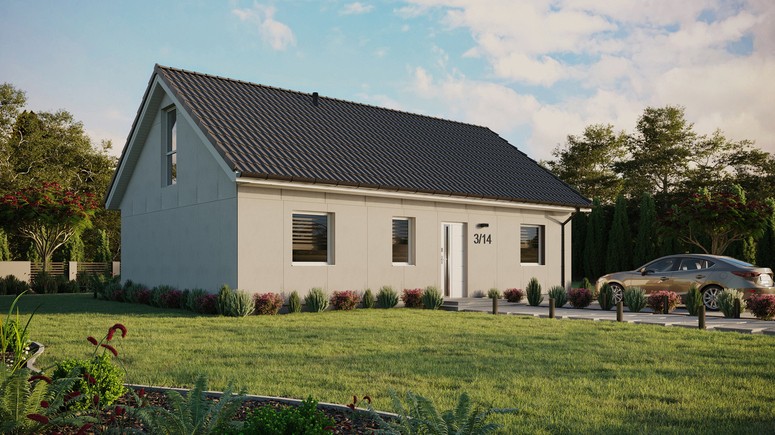 Projekt ERDOL 3 - Wersja prawa (salon po prawej stronie) - Dwuspadowy z poddaszem użytkowym – kąt nachylenia 35 stopni - Bez okien/świetlików dachowych - Okna na poddaszu do podłogi - Bez styropianu, siatki i kleju - Biały - Bez instalacji fotowoltaicznej