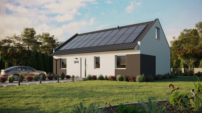 Projekt ERDOL 3 - Wersja lewa (salon po lewej stronie) - Dwuspadowy nowoczesny z poddaszem użytkowym – kąt nachylenia 35 stopni - Bez okien/świetlików dachowych - Okna standardowe - Styropian, siatka i klej - Biały - Instalacja fotowoltaiczna 8,0 kWp (20 paneli)