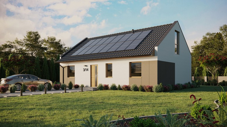 Projekt ERDOL 3 - Wersja lewa (salon po lewej stronie) - Dwuspadowy nowoczesny z poddaszem użytkowym – kąt nachylenia 35 stopni - Bez okien/świetlików dachowych - Okna na poddaszu do podłogi - Styropian, siatka i klej - Winchester - Instalacja fotowoltaiczna 6,4 kWp (16 paneli)