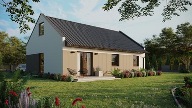 Projekt ERDOL 3 - Wersja prawa (salon po prawej stronie) - Dwuspadowy nowoczesny z poddaszem użytkowym – kąt nachylenia 35 stopni - Bez okien/świetlików dachowych - Okno balkonowe w jadalni - Styropian, siatka i klej - Orzech - Bez instalacji fotowoltaicznej