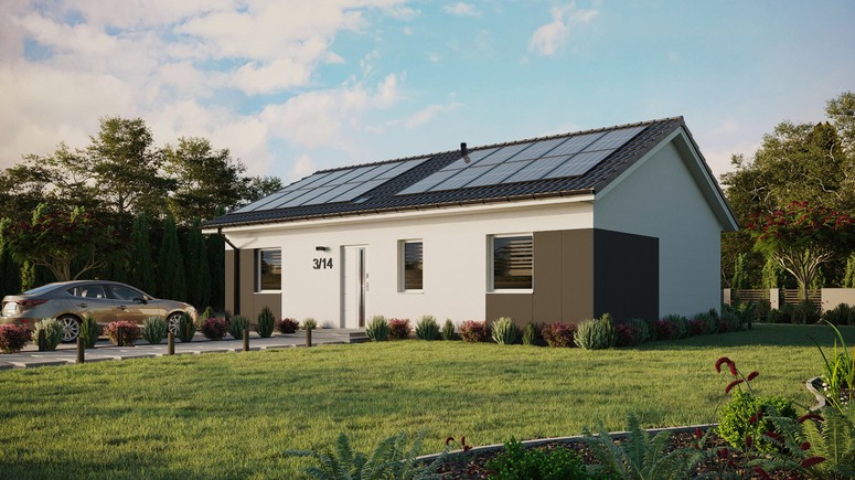 Projekt ERDOL 3 - Wersja lewa (salon po lewej stronie) - Dwuspadowy bez poddasza użytkowego – kąt nachylenia 25 stopni - Świetlik dachowy - Okna standardowe - Styropian, siatka i klej - Biały - Instalacja fotowoltaiczna 8,0 kWp (20 paneli)