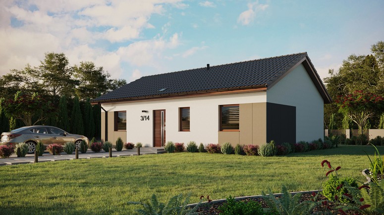 Projekt ERDOL 3 - Wersja lewa (salon po lewej stronie) - Dwuspadowy bez poddasza użytkowego – kąt nachylenia 25 stopni - Świetlik dachowy - Okna standardowe - Styropian, siatka i klej - Orzech - Bez instalacji fotowoltaicznej