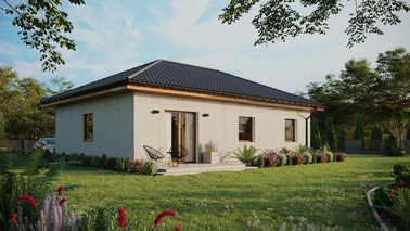 Projekt ERDOL 3 - Wersja prawa (salon po prawej stronie) - Czterospadowy bez poddasza użytkowego – kąt nachylenia 25 stopni - Bez okien/świetlików dachowych - Okna standardowe - Bez styropianu, siatki i kleju - Złoty dąb