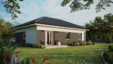 Projekt ERDOL 3 - Wersja prawa (salon po prawej stronie) - Czterospadowy bez poddasza użytkowego – kąt nachylenia 25 stopni - Bez okien/świetlików dachowych - Okna standardowe - Styropian, siatka i klej - Biały