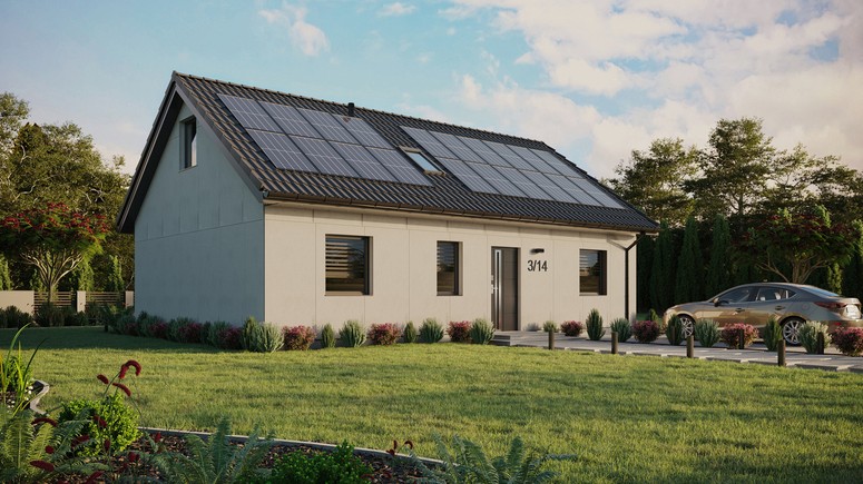 Projekt ERDOL 3 - Wersja prawa (salon po prawej stronie) - Dwuspadowy z poddaszem użytkowym – kąt nachylenia 35 stopni - Dwa okna dachowe pokojowe i okno dachowe łazienkowe - Okno balkonowe w jadalni - Bez styropianu, siatki i kleju - Antracyt - Instalacja fotowoltaiczna 8,0 kWp (20 paneli)