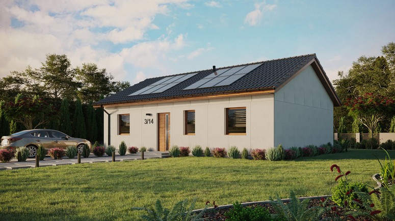 Projekt ERDOL 3 - Wersja lewa (salon po lewej stronie) - Dwuspadowy bez poddasza użytkowego – kąt nachylenia 25 stopni - Bez okien/świetlików dachowych - Okna standardowe - Bez styropianu, siatki i kleju - Złoty dąb - Instalacja fotowoltaiczna 4,8 kWp (12 paneli)