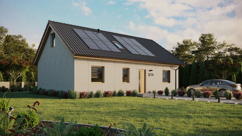 Projekt ERDOL 3 - Wersja prawa (salon po prawej stronie) - Dwuspadowy z poddaszem użytkowym – kąt nachylenia 35 stopni - Dwa okna dachowe pokojowe i okno dachowe łazienkowe - Okna standardowe - Bez styropianu, siatki i kleju - Winchester - Instalacja fotowoltaiczna 4,8 kWp (12 paneli)
