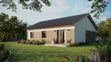 Projekt ERDOL 3 - Wersja lewa (salon po lewej stronie) - Dwuspadowy bez poddasza użytkowego – kąt nachylenia 25 stopni - Bez okien/świetlików dachowych - Okna standardowe - Styropian, siatka i klej - Winchester - Bez instalacji fotowoltaicznej