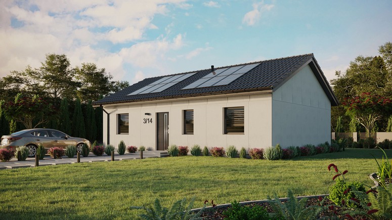 Projekt ERDOL 3 - Wersja lewa (salon po lewej stronie) - Dwuspadowy bez poddasza użytkowego – kąt nachylenia 25 stopni - Bez okien/świetlików dachowych - Okna standardowe - Bez styropianu, siatki i kleju - Antracyt - Instalacja fotowoltaiczna 4,8 kWp (12 paneli)