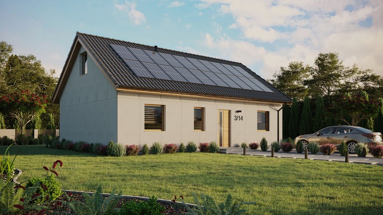 Projekt ERDOL 3 - Wersja prawa (salon po prawej stronie) - Dwuspadowy z poddaszem użytkowym – kąt nachylenia 35 stopni - Bez okien/świetlików dachowych - Okna standardowe - Bez styropianu, siatki i kleju - Winchester - Instalacja fotowoltaiczna 8,0 kWp (20 paneli)