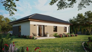 Projekt ERDOL 3 - Wersja prawa (salon po prawej stronie) - Czterospadowy bez poddasza użytkowego – kąt nachylenia 25 stopni - Bez okien/świetlików dachowych - Okna standardowe - Styropian, siatka i klej - Orzech