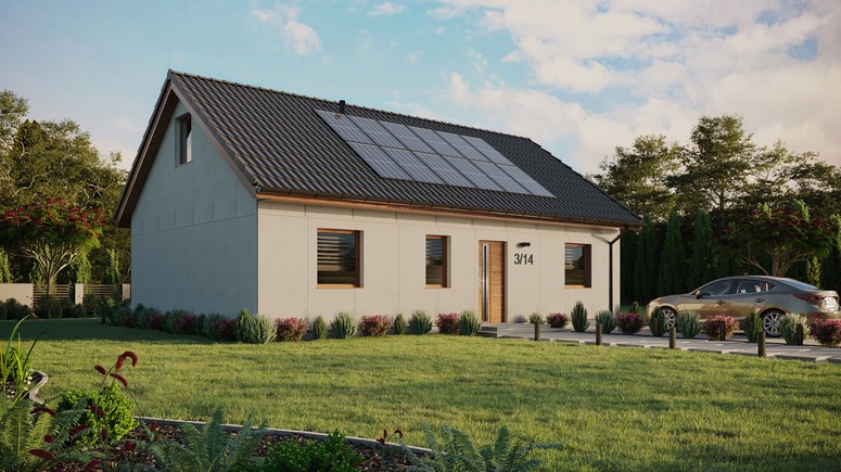 Projekt ERDOL 3 - Wersja prawa (salon po prawej stronie) - Dwuspadowy z poddaszem użytkowym – kąt nachylenia 35 stopni - Dwa okna dachowe pokojowe - Okna standardowe - Bez styropianu, siatki i kleju - Złoty dąb - Instalacja fotowoltaiczna 4,8 kWp (12 paneli)