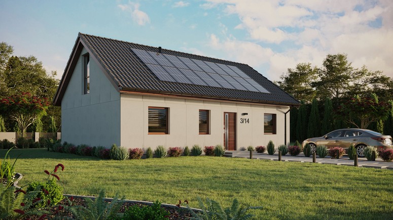 Projekt ERDOL 3 - Wersja prawa (salon po prawej stronie) - Dwuspadowy z poddaszem użytkowym – kąt nachylenia 35 stopni - Bez okien/świetlików dachowych - Okno balkonowe w jadalni i okna na poddaszu do podłogi - Bez styropianu, siatki i kleju - Orzech - Instalacja fotowoltaiczna 6,4 kWp (16 paneli)