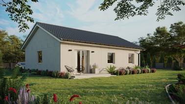 Projekt ERDOL 3 - Wersja prawa (salon po prawej stronie) - Dwuspadowy bez poddasza użytkowego – kąt nachylenia 25 stopni - Bez okien/świetlików dachowych - Okna standardowe - Bez styropianu, siatki i kleju - Biały - Bez instalacji fotowoltaicznej