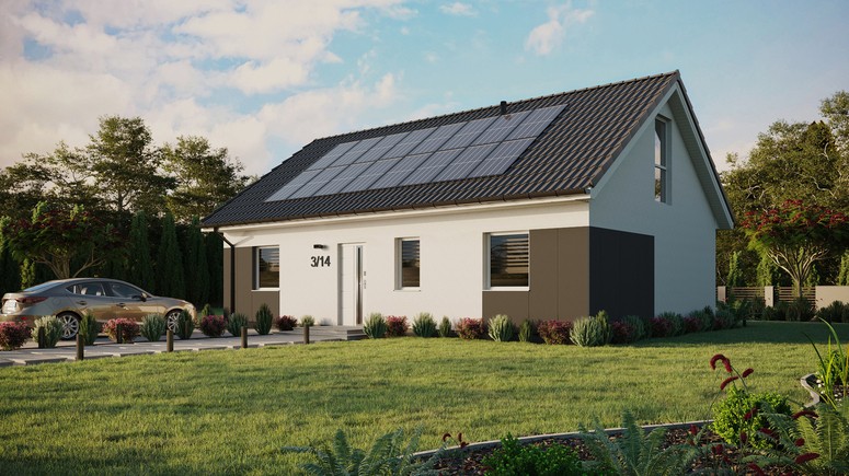 Projekt ERDOL 3 - Wersja lewa (salon po lewej stronie) - Dwuspadowy z poddaszem użytkowym – kąt nachylenia 35 stopni - Bez okien/świetlików dachowych - Okno balkonowe w jadalni i okna na poddaszu do podłogi - Styropian, siatka i klej - Biały - Instalacja fotowoltaiczna 6,4 kWp (16 paneli)