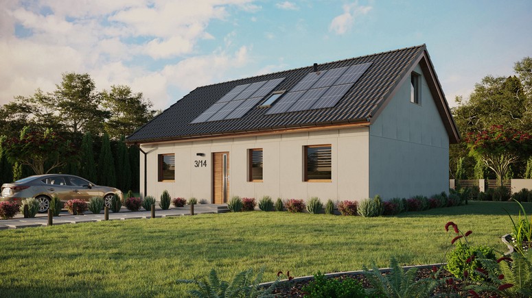 Projekt ERDOL 3 - Wersja lewa (salon po lewej stronie) - Dwuspadowy z poddaszem użytkowym – kąt nachylenia 35 stopni - Okno dachowe pokojowe i łazienkowe - Okna standardowe - Bez styropianu, siatki i kleju - Złoty dąb - Instalacja fotowoltaiczna 4,8 kWp (12 paneli)