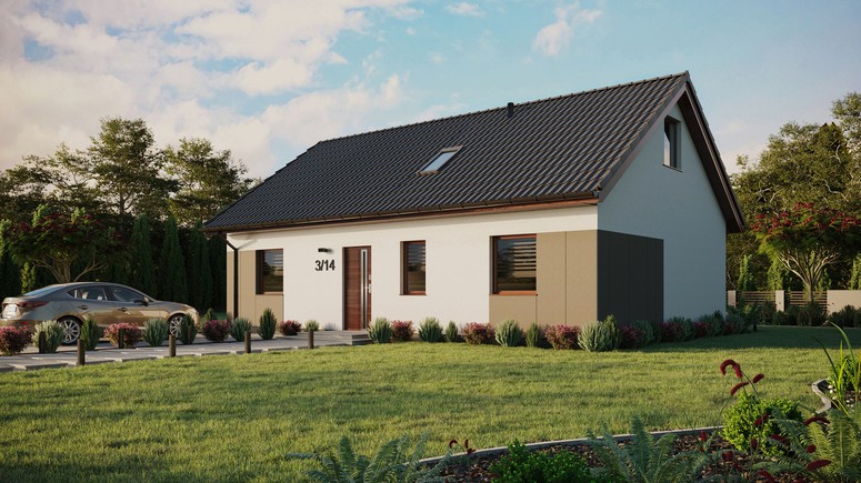 Projekt ERDOL 3 - Wersja lewa (salon po lewej stronie) - Dwuspadowy z poddaszem użytkowym – kąt nachylenia 35 stopni - Dwa okna dachowe pokojowe i okno dachowe łazienkowe - Okna standardowe - Styropian, siatka i klej - Orzech - Bez instalacji fotowoltaicznej