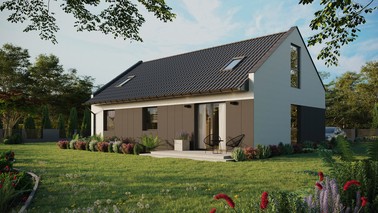 Projekt ERDOL 3 - Wersja lewa (salon po lewej stronie) - Dwuspadowy nowoczesny z poddaszem użytkowym – kąt nachylenia 35 stopni - Dwa okna dachowe pokojowe - Okno balkonowe w jadalni i okna na poddaszu do podłogi - Styropian, siatka i klej - Antracyt - Bez instalacji fotowoltaicznej