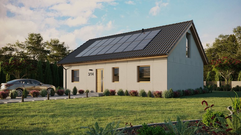 Projekt ERDOL 3 - Wersja lewa (salon po lewej stronie) - Dwuspadowy z poddaszem użytkowym – kąt nachylenia 35 stopni - Bez okien/świetlików dachowych - Okno balkonowe w jadalni i okna na poddaszu do podłogi - Bez styropianu, siatki i kleju - Winchester - Instalacja fotowoltaiczna 6,4 kWp (16 paneli)