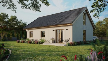 Projekt ERDOL 3 - Wersja lewa (salon po lewej stronie) - Dwuspadowy z poddaszem użytkowym – kąt nachylenia 35 stopni - Bez okien/świetlików dachowych - Okno balkonowe w jadalni i okna na poddaszu do podłogi - Bez styropianu, siatki i kleju - Winchester - Bez instalacji fotowoltaicznej