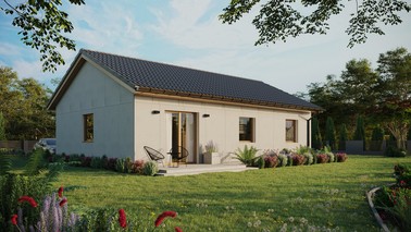 Projekt ERDOL 3 - Wersja prawa (salon po prawej stronie) - Dwuspadowy bez poddasza użytkowego – kąt nachylenia 25 stopni - Bez okien/świetlików dachowych - Okna standardowe - Bez styropianu, siatki i kleju - Winchester - Bez instalacji fotowoltaicznej