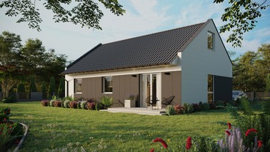 Projekt ERDOL 3 - Wersja lewa (salon po lewej stronie) - Dwuspadowy nowoczesny z poddaszem użytkowym – kąt nachylenia 35 stopni - Bez okien/świetlików dachowych - Okno balkonowe w jadalni - Styropian, siatka i klej - Biały - Bez instalacji fotowoltaicznej