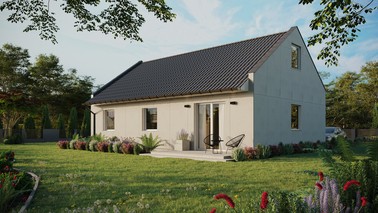 Projekt ERDOL 3 - Wersja lewa (salon po lewej stronie) - Dwuspadowy nowoczesny z poddaszem użytkowym – kąt nachylenia 35 stopni - Bez okien/świetlików dachowych - Okna standardowe - Bez styropianu, siatki i kleju - Biały - Bez instalacji fotowoltaicznej