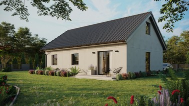 Projekt ERDOL 3 - Wersja lewa (salon po lewej stronie) - Dwuspadowy z poddaszem użytkowym – kąt nachylenia 35 stopni - Bez okien/świetlików dachowych - Okno balkonowe w jadalni - Bez styropianu, siatki i kleju - Antracyt - Bez instalacji fotowoltaicznej