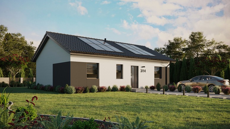 Projekt ERDOL 3 - Wersja prawa (salon po prawej stronie) - Dwuspadowy bez poddasza użytkowego – kąt nachylenia 25 stopni - Bez okien/świetlików dachowych - Okna standardowe - Styropian, siatka i klej - Antracyt - Instalacja fotowoltaiczna 4,8 kWp (12 paneli)